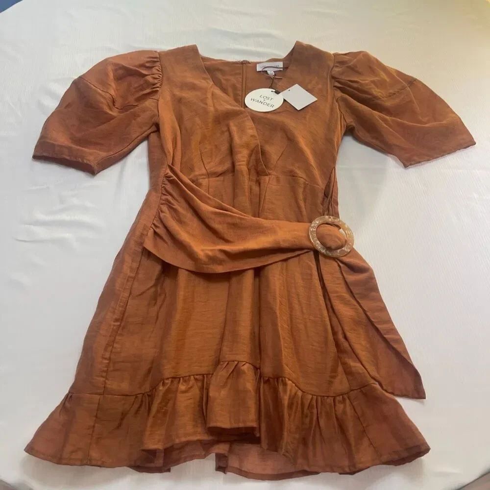 NWT Lost + Wander Brown Pacific Grove Mini Silk Blend Dress Size Small New